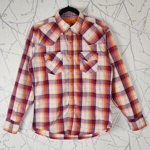 Wrangler 20X Orange Purple Plaid Cotton Pearl Snap Western Shirt